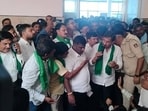 Protesting farmers at the Kandaya Bhavan in Ramanagara district on Saturday. (HT)
