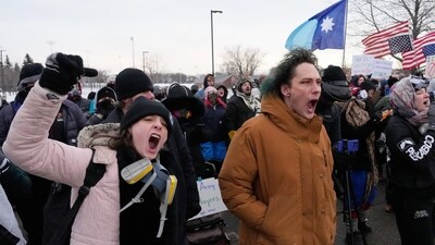 Protesters shout at federal law enforcement outside the Bishop Henry Whipple Federal Building on Saturday, Jan. 17, 2026, in Minneapolis. (AP Photo/Yuki Iwamura) (AP) Protesters shout at federal law enforcement outside the Bishop Henry Whipple Federal Building on Saturday, Jan. 17, 2026, in Minneapolis. (AP Photo/Yuki Iwamura) (AP)