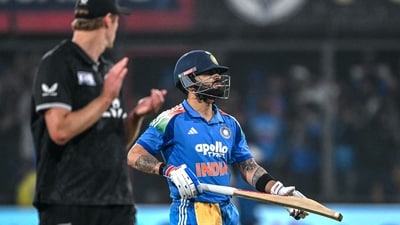 New Zealand marked a historic victory in India, while Virat Kohli departed to warm applause, his knock standing out as a solitary bright spot on an otherwise deflating evening for the hosts. (AFP) New Zealand marked a historic victory in India, while Virat Kohli departed to warm applause, his knock standing out as a solitary bright spot on an otherwise deflating evening for the hosts. (AFP)