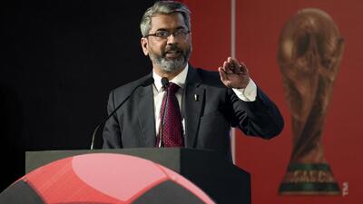 New Delhi: President of the All India Football Federation (AIFF) Kalyan Chaubey addresses the gathering during the unveiling of the original FIFA World Cup 2026 trophy, in New Delhi, Saturday, Jan. 10, 2026. (PTI Photo/Karma Bhutia) (PTI01_10_2026_000414B) (PTI) New Delhi: President of the All India Football Federation (AIFF) Kalyan Chaubey addresses the gathering during the unveiling of the original FIFA World Cup 2026 trophy, in New Delhi, Saturday, Jan. 10, 2026. (PTI Photo/Karma Bhutia) (PTI01_10_2026_000414B) (PTI)