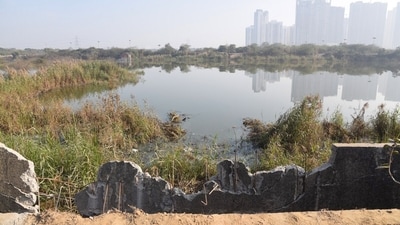 A 27-year-old man died after his car broke through the boundary of a drain and plunged into water accumulated in the basement of a mall at Sector-150. (Hindustan Photos ) A 27-year-old man died after his car broke through the boundary of a drain and plunged into water accumulated in the basement of a mall at Sector-150. (Hindustan Photos )