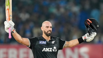 Daryl Mitchell (137) reached his ninth ODI ton with a single off Ravindra Jadeja before Phillips also brought up his hundred. (PTI) Daryl Mitchell (137) reached his ninth ODI ton with a single off Ravindra Jadeja before Phillips also brought up his hundred. (PTI)