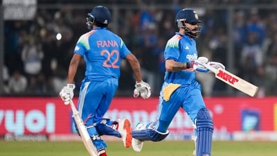 Virat Kohli threatened to pull off the chase in a 99-run seventh-wicket partnership with Harshit Rana, who made 52. (PTI) Virat Kohli threatened to pull off the chase in a 99-run seventh-wicket partnership with Harshit Rana, who made 52. (PTI)