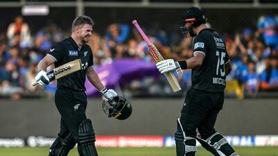 Daryl Mitchell and Glenn Phillips lifted New Zealand to 337/8 with a commanding 219-run stand for the fourth wicket after the visitors stumbled to 5/2 and later 58/3 in Indore. (AFP) Daryl Mitchell and Glenn Phillips lifted New Zealand to 337/8 with a commanding 219-run stand for the fourth wicket after the visitors stumbled to 5/2 and later 58/3 in Indore. (AFP)