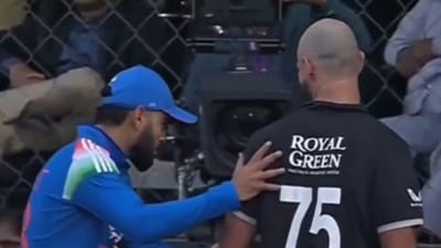 Virat Kohli playfully teases Daryl Mitchell after he loses his wicket in Indore. (Screengrab - JioHotstar) Virat Kohli playfully teases Daryl Mitchell after he loses his wicket in Indore. (Screengrab - JioHotstar)