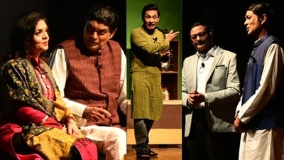 Rupali Chandra, Sudharshan Mani, Aftab Alam and Chandra Shekhar Varma in role of Amrita Pritam, Sahir Ludhianvi, Javed Akhtar and narrator during the play Sahir: Har Ik Pal Ka Shayar staged at UP Sangeet Natak Academy in Lucknow (Photos: HT)