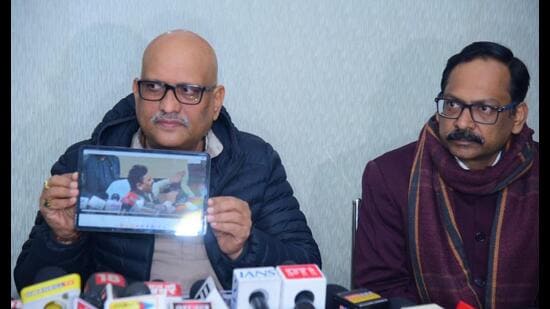 Uttar Pradesh Congress president Ajay Rai addressing media persons on Sunday. (HT)