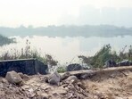 A view of water-filled ditch site at the Sector-150 intersection, where the car of Noida techie Yuvraj fell in