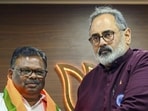 Bharatiya Janata Party (BJP) Kerala President Rajeev Chandrasekhar, right, with newly joined party leader S Rajendran during a press conference, at party office in Thiruvananthapuram on Sunday. (PTI)