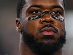 Houston Texans linebacker Azeez Al-Shaair defies NFL rules by wearing controversial eye black again with the message "stop the genocide" Houston Texans linebacker Azeez Al-Shaair defies NFL rules by wearing controversial eye black again with the message "stop the genocide"