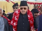 National Conference president Farooq Abdullah during the convention of the party’s block presidents and secretaries in Jammu on Monday. (PTI Photo)