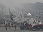 Rehearsals for the upcoming Republic Day parade amid cold weather conditions on Kartavya Path on Monday (RAJ K RAJ /HT PHOTO)