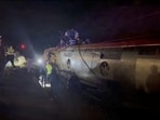 Spain train crash: Emergency responders work at the site after a high-speed train derailed and smashed into another oncoming train, near Adamuz, in Cordoba province. 