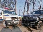 The police vehicle that was hit by the accused in a black Scorpio-N while attempting to flee before opening fire at the Doraha police on Monday morning. (HT Photo)
