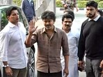 Actor Vijay leaves from CBI headquarters after the second round of questioning in connection with the Karur stampede case, in New Delhi.