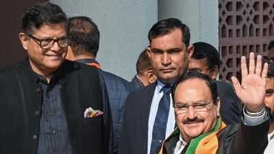 BJP national president JP Nadda waves his hand upon arrival at the party headquarters in Delhi on Monday for submitting nomination for electing the new person to fill his post. (Jitender Gupta/ANI) BJP national president JP Nadda waves his hand upon arrival at the party headquarters in Delhi on Monday for submitting nomination for electing the new person to fill his post. (Jitender Gupta/ANI)