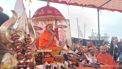 Shankaracharya Swami Avimukteshwaranand speaking to media outside his camp in Prayagraj on Monday. (HT Photo) Shankaracharya Swami Avimukteshwaranand speaking to media outside his camp in Prayagraj on Monday. (HT Photo)