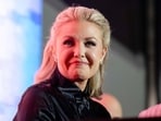 Erika Kirk smiles at a question and answer session during Turning Point USA's AmericaFest 2025.