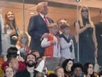 United States President Donald Trump, Ivanka Trump, Lara Trump, Kai Trump, and Jared Kushner look on during the national anthem before the CFP National Championship college football game Mandatory Credit: Kirby Lee-Imagn Images