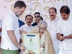 Leader of Opposition in the Lok Sabha Rahul Gandhi presents the Priyadarshini Literary Award to writer and literary critic M Leelavathy in Kochi on Monday. (ANI)