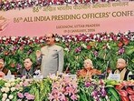 Lok Sabha speaker Om Birla addresses the inaugural session of the 86th All India Presiding Officers’ Conference, in Lucknow on Monday. (HT Photo) Lok Sabha speaker Om Birla addresses the inaugural session of the 86th All India Presiding Officers’ Conference, in Lucknow on Monday. (HT Photo)