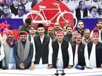 Samajwadi Party chief Akhilesh Yadav with party MPs during their meeting in Lucknow on January 20. (Sourced)