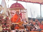 Shankaracharya Swami Avimukteshwaranand speaking to media outside his camp in Prayagraj on Monday. (HT Photo) Shankaracharya Swami Avimukteshwaranand speaking to media outside his camp in Prayagraj on Monday. (HT Photo)
