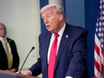 Trump speaks during a press briefing at the White House, on the one-year mark into his second term in office.