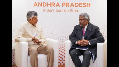 Andhra Pradesh Chief Minister N. Chandrababu Naidu meets Google Cloud CEO Thomas Kurian at the 2026 World Economic Forum, in Davos on Tuesday. (@ncbn X)