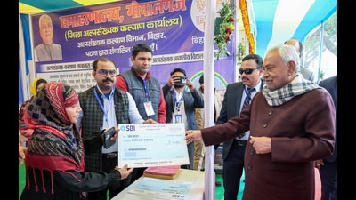 Bihar chief minister Nitish Kumar during the foundation stone and inauguration of various development schemes at Barouli block during the Samriddhi Yatra in Gopalganj on Tuesday. (Rahul Sharma/ANI) Bihar chief minister Nitish Kumar during the foundation stone and inauguration of various development schemes at Barouli block during the Samriddhi Yatra in Gopalganj on Tuesday. (Rahul Sharma/ANI)