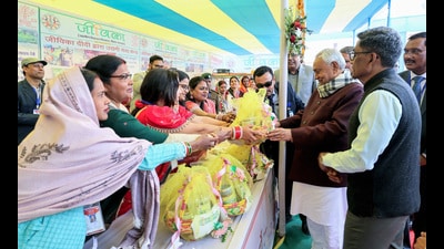 Bihar chief minister Nitish Kumar inspects the stall during the foundation stone and inauguration of various development schemes at Barouli block during the Samriddhi Yatra in Gopalganj on Tuesday. (Rahul Sharma/ANI) Bihar chief minister Nitish Kumar inspects the stall during the foundation stone and inauguration of various development schemes at Barouli block during the Samriddhi Yatra in Gopalganj on Tuesday. (Rahul Sharma/ANI)