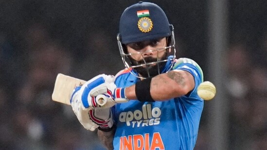 Indore: India's Virat Kohli plays a shot during the third ODI cricket match between India and New Zealand, at Holkar Cricket Stadium, in Indore, Madhya Pradesh, Sunday, Jan. 18, 2026. (PTI Photo/Atul Yadav)(PTI01_18_2026_000939B) (PTI)