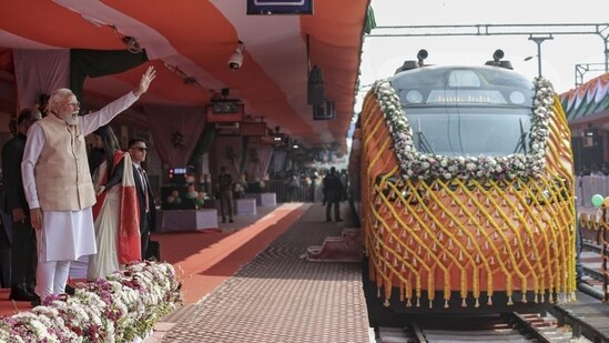Prime Minister Narendra Modi during flagging off the country's first Vande Bharat sleeper train between Howrah and Guwahati (Kamakhya), in Malda. (PTI)
