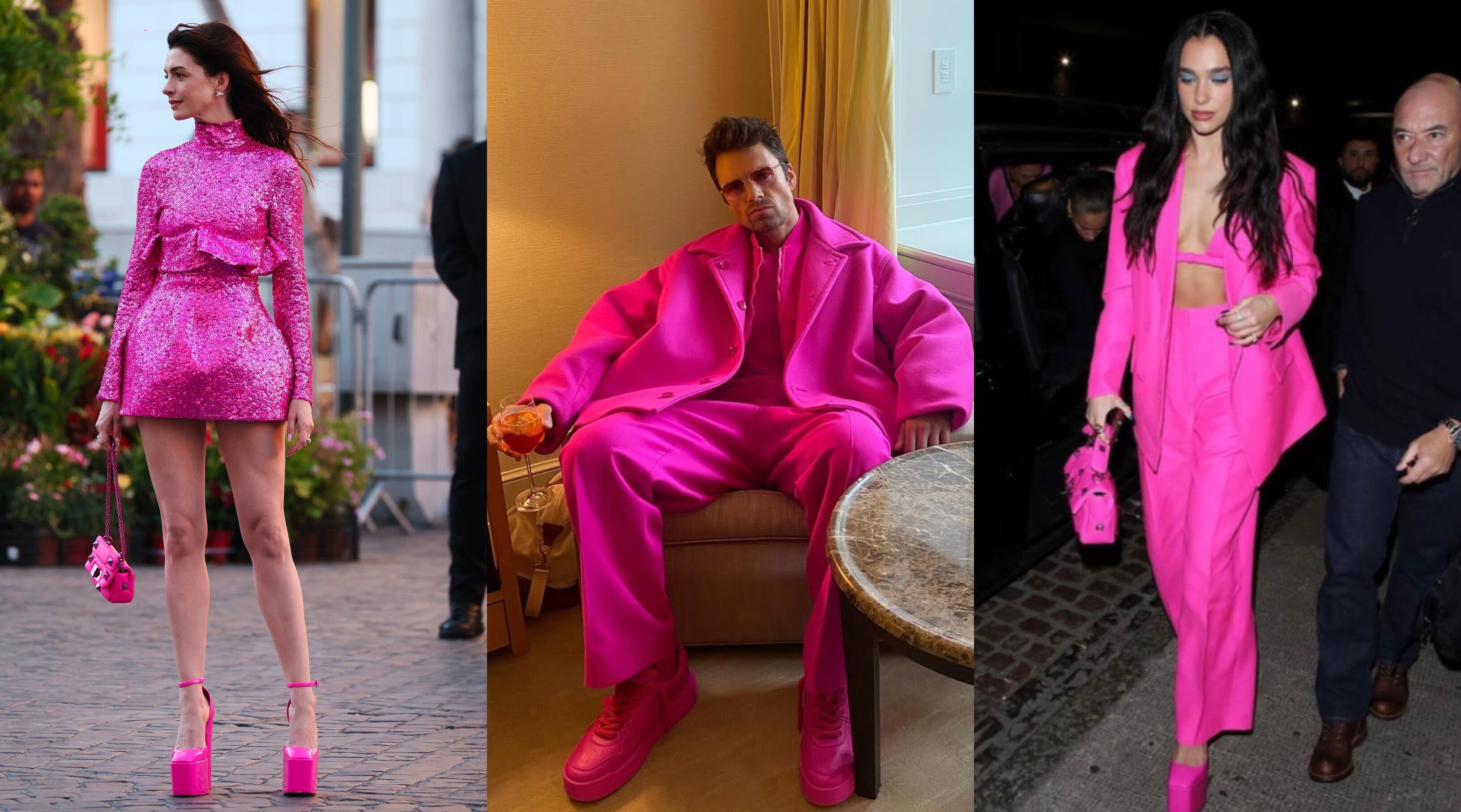 Anne Hathaway, Sebastian Stan and Dua Lipa in Valentino pink (Photos: X) Anne Hathaway, Sebastian Stan and Dua Lipa in Valentino pink (Photos: X)