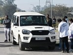 A team from the Central Forensic Science Laboratory (CFSL), Chandigarh, at the encounter site near the Grain Market in Sector 39 on Wednesday morning. (Keshav Singh/HT)