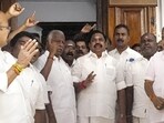 AIADMK General Secretary Edappadi K Palaniswami and party MLAs stage a walkout during the first day of the state Assembly session on Tuesday. (PTI)