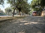 An internal road of Nirvana Country in dilapidated condition near The South Close Society on Tuesday. (Parveen Kumar/HT)