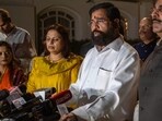 Maharashtra deputy chief minister Eknath Shinde interacts with the media after felicitating the newly elected corporators at Hotel Taj Lands End, Bandra in Mumbai.