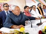 Bihar CM Nitish Kumar addresses a Jan Samwad programme during Samriddhi Yatra at Chapra in Saran, Bihar, Wednesday (HT PHOTO)