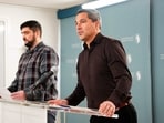 Members of Greenlandic government Peter Borg and Aqqaluaq Biilmann Egede (R) at a press conference in Nuuk, Greenland.