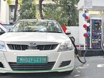 Navi Mumbai, India - Feb. 11, 2022:A motorist charge his electric vehicle at Vashi Fuel Center charging station in Navi Mumbai, India, on Friday, February 11, 2022. (Photo by Bachchan Kumar/ HT PHOTO) (HT PHOTO)