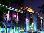 Pune, India - Feb. 14, 2018: Pune Municipal Corporation building lit up on the eve of it's foundation day in Pune, India, on Wednesday, February 14, 2018. (Photo by Ravindra Joshi/HT PHOTO)