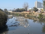 The open Badshahpur drain at Gurugram-Pataudi Road near Sector 37D, as seen on Tuesday. (Parveen Kumar/HT) The open Badshahpur drain at Gurugram-Pataudi Road near Sector 37D, as seen on Tuesday. (Parveen Kumar/HT)