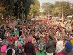 The protesting workers outside Punjabi Bhawan in Ludhiana on Tuesday. (HT Photo) The protesting workers outside Punjabi Bhawan in Ludhiana on Tuesday. (HT Photo)