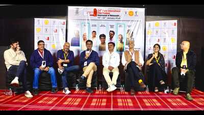 (From left) Ramesh More, Sameer Tiwari, Manoj Naik Satam, Ravindra Manik Jadhav, Mohit Takalkar, Jijivisha Kale at the ‘Voices of Tomorrow’ session during the 24th Pune International Film Festival (PIFF). (HT)