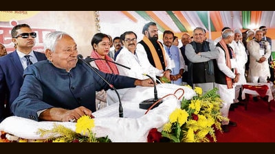 Bihar CM Nitish Kumar addresses a Jan Samwad programme during Samriddhi Yatra at Chapra in Saran, Bihar, Wednesday (HT PHOTO)