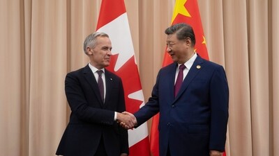 Canadian Prime Minister Mark Carney, left, shakes hands with Chinese President Xi Jinping at a meeting earlier this month. (AP) Canadian Prime Minister Mark Carney, left, shakes hands with Chinese President Xi Jinping at a meeting earlier this month. (AP)