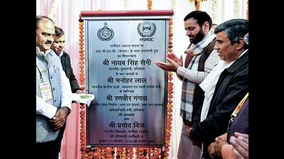 Haryana chief minister Nayab Singh Saini lays foundation stone of the Panipat-Jatal Road and the overbridge project on the C.L.C. (Canal), in Panipat on Wednesday. (ANI)