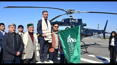 Himachal chief minister Sukhvinder Singh Sukhu flagging off the helicopter services from the Sanjauli heliport in Shimla on Wednesday. (HT Photo) Himachal chief minister Sukhvinder Singh Sukhu flagging off the helicopter services from the Sanjauli heliport in Shimla on Wednesday. (HT Photo)