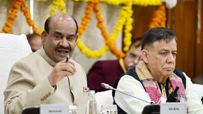 Lok Sabha speaker Om Birla speaking to the media in Lucknow on Wednesday. Uttar Pradesh assembly speaker Satish Mahana is also seen. (Deepak Gupta/HT) Lok Sabha speaker Om Birla speaking to the media in Lucknow on Wednesday. Uttar Pradesh assembly speaker Satish Mahana is also seen. (Deepak Gupta/HT)